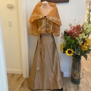 Gold Tan Floral Embroidery Filipiniana Maria Clara L Bolero w/ Wrap Around skirt